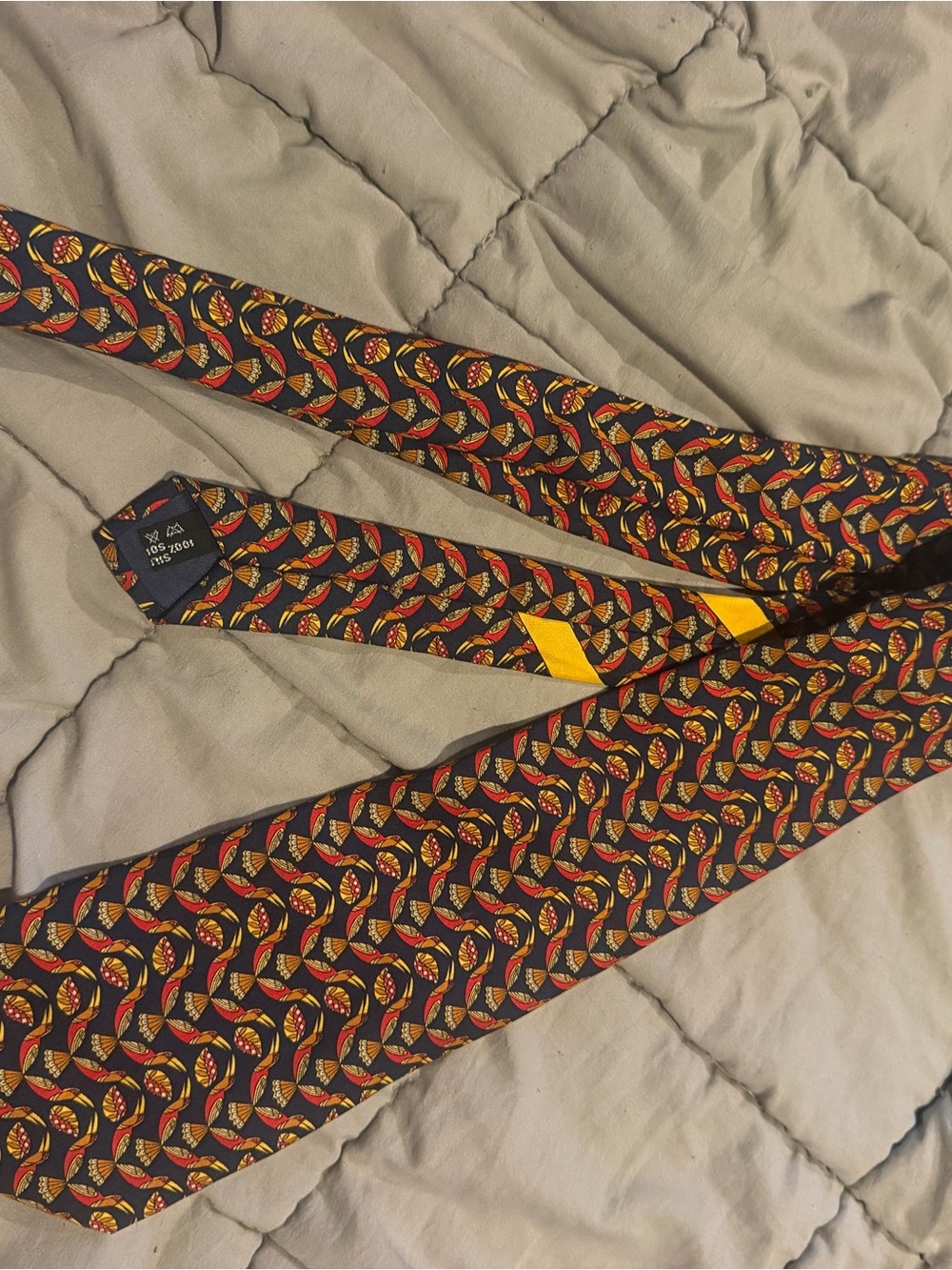 Salvatore Ferragamo Black Silk Tie with Red and Gold Leaf Motif